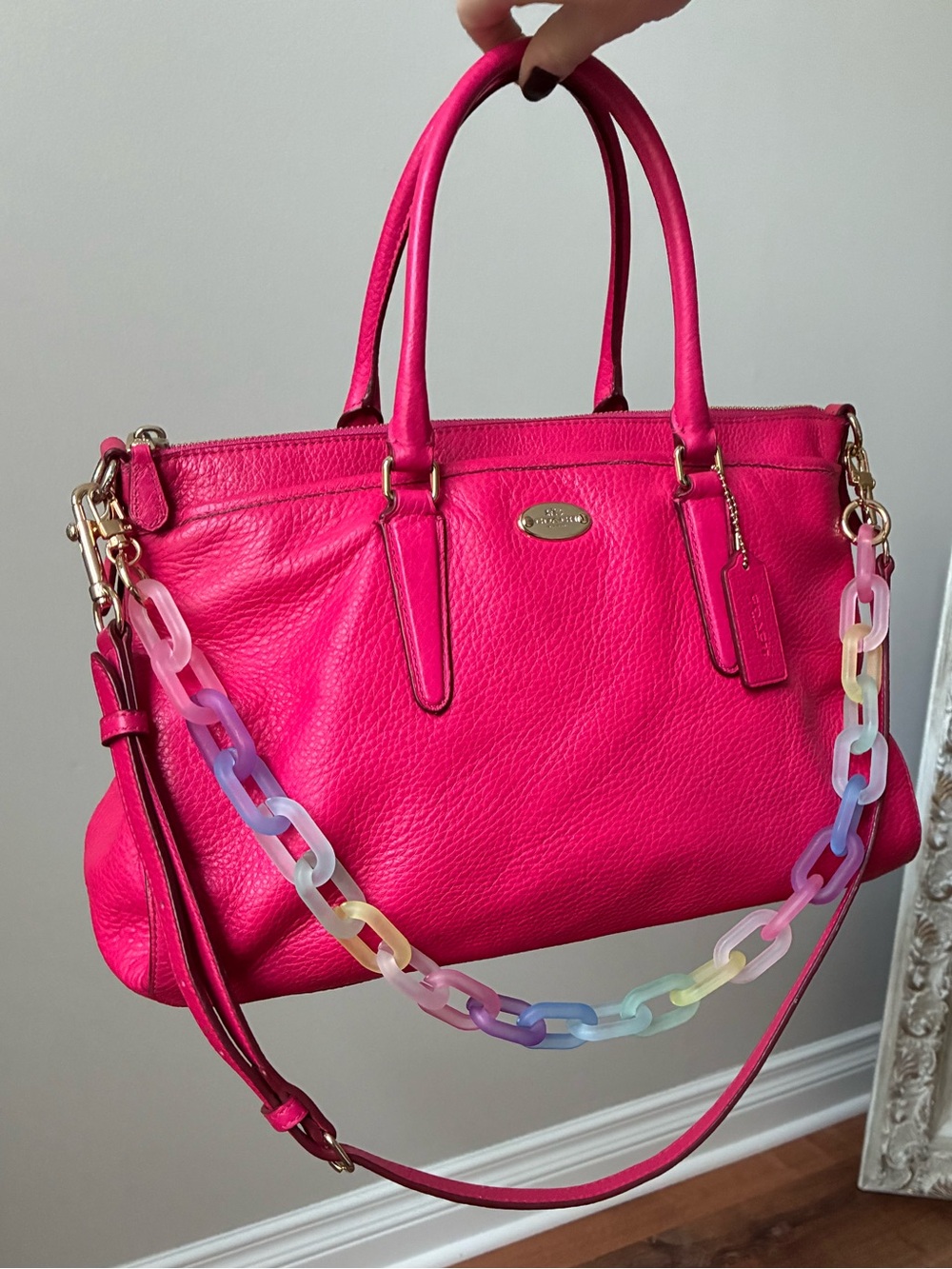 Coach Pink Pebbled Leather Satchel with Rainbow Chain EUC - Picture 2 of 16